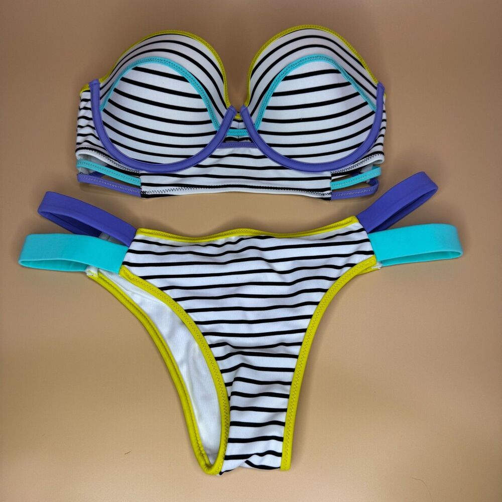 Victoria's Secret Bikini Flirt Bandeau Striped Swimsuit Strappy Cheeky M Top 32D